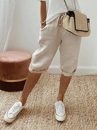 Relaxed Linen Cropped Trousers with Elasticated Waist and Drawstring