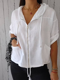 Relaxed Linen Hooded Jacket with Drawstring Hem and Front Pockets