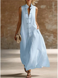 Relaxed Linen Maxi Dress with Mandarin Collar and Frog Buttons