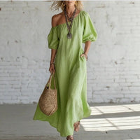 Relaxed Linen Maxi Dress with Off-Shoulder Neckline and Puff Sleeves