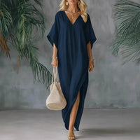 Relaxed Linen Maxi Dress with V-Neckline and Batwing Sleeves
