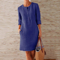 Relaxed Linen Shift Dress with Three Quarter Sleeves and Front Pockets