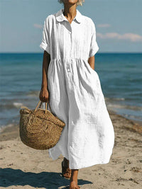 Relaxed Linen Shirt Dress with Pintuck Bodice and Gathered Waist