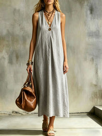 Relaxed Linen Sleeveless Maxi Dress with V-Neckline