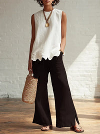 Relaxed Linen Sleeveless Top with Scallop Hem and Round Neck