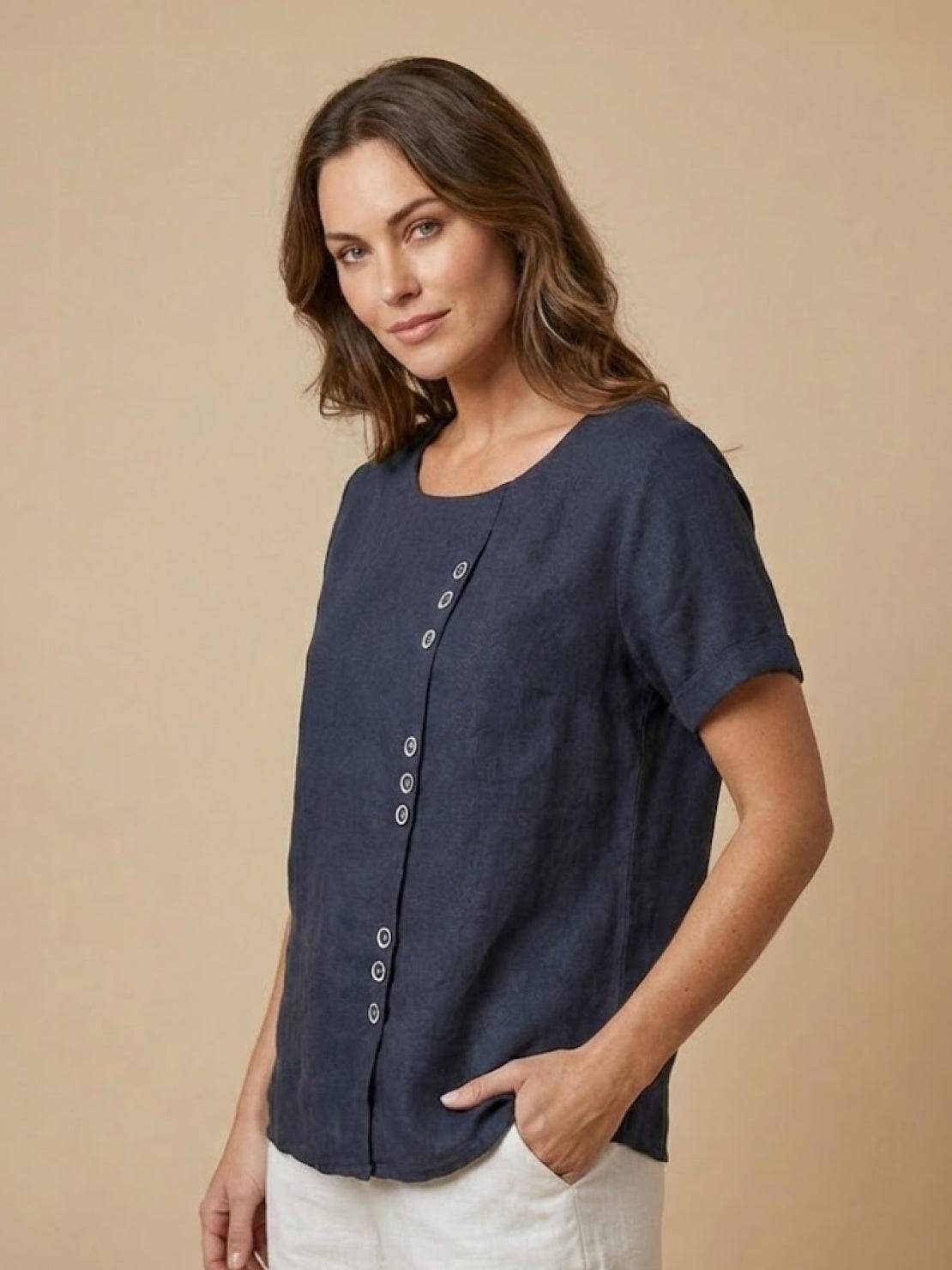 Relaxed Linen Top with Button Detail and Rolled Sleeves