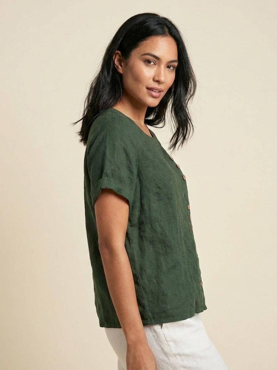 Relaxed Linen Top with Button Detail and Rolled Sleeves