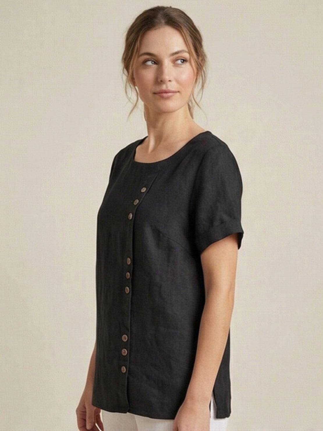 Relaxed Linen Top with Button Detail and Rolled Sleeves