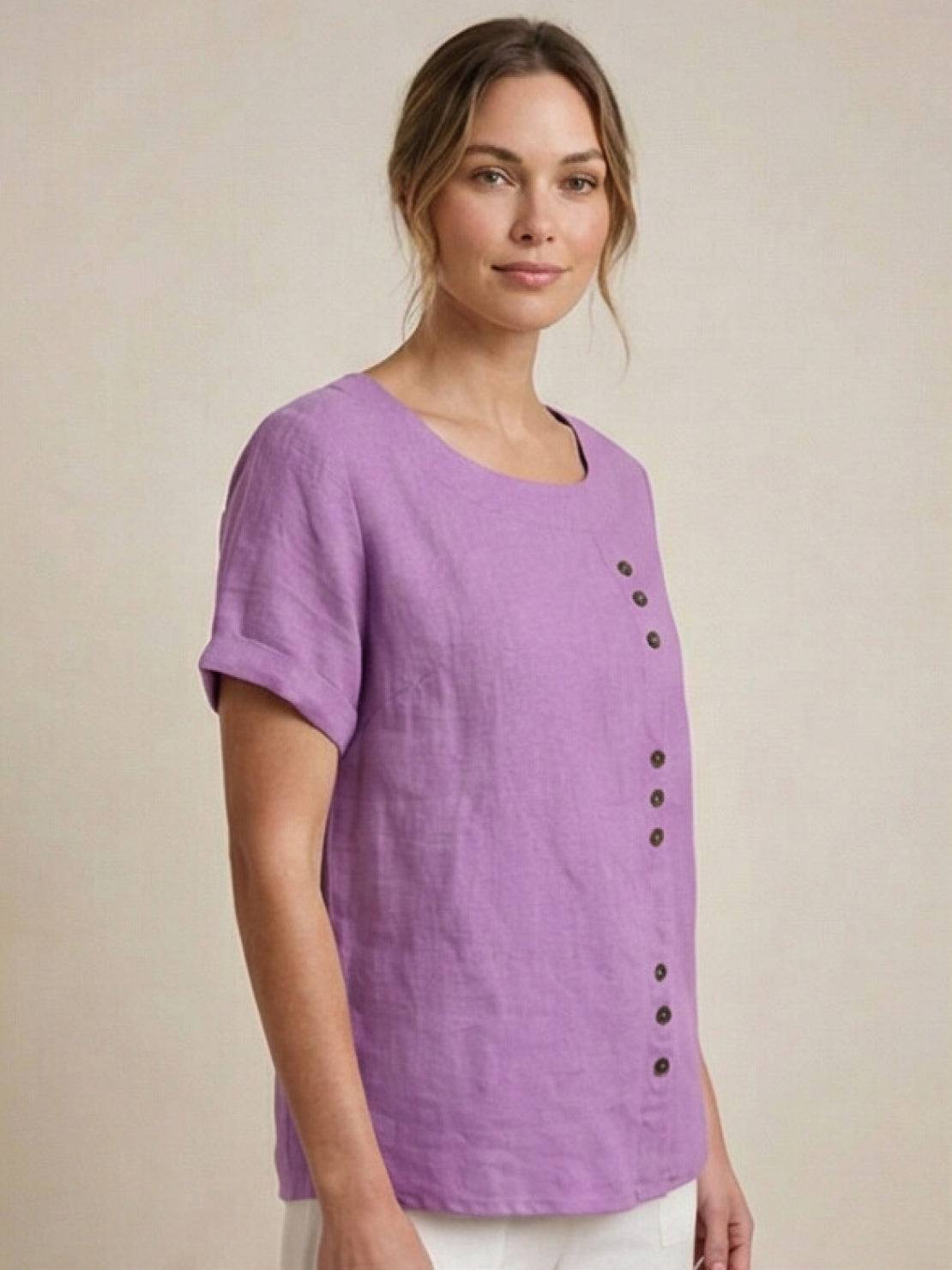 Relaxed Linen Top with Button Detail and Rolled Sleeves