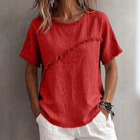 Relaxed Linen Top with Frayed Trim and Round Neck
