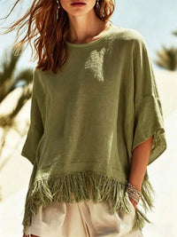 Relaxed Linen Top with Fringe Hem and Round Neck