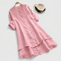 Relaxed Linen Tunic Dress with Button Front and Layered Hem