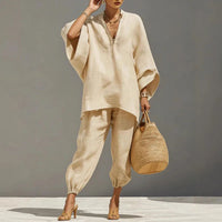 Relaxed Linen Two Piece Set with Oversized Top and Tapered Trousers