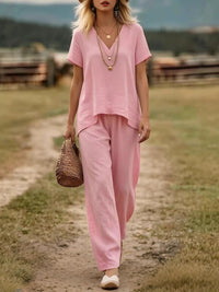 Relaxed Linen Two Piece Set with V-Neckline Top and Wide Leg Trousers