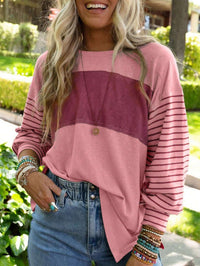 Relaxed Long Sleeve T-Shirt with Colour Block and Stripe Sleeves