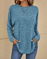 Relaxed Long Sleeve Waffle Knit Top with Side Pockets