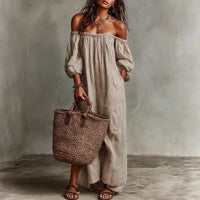 Relaxed Off Shoulder Striped Maxi Dress with Puff Sleeves