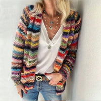 Relaxed Open Front Cardigan with Rainbow Stripe Knit