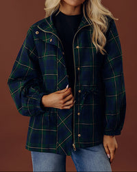 Relaxed Plaid Shacket with Drawstring Waist and Gold Buttons