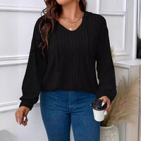 Relaxed Ribbed Knit Hoodie with V-Neckline and Drawstring Hood