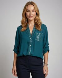 Relaxed Shirt with Sequin Pocket and Roll Up Sleeves