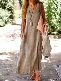 Relaxed Sleeveless Linen Maxi Dress with V-Neckline