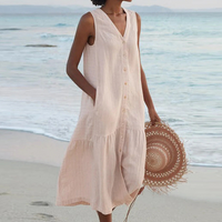 Relaxed Sleeveless Linen Midi Dress with Tiered Hem