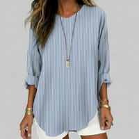 Relaxed Striped Blouse with Round Neck and Roll Up Sleeves