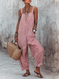 Relaxed Striped Linen Jumpsuit with Square Neck and Ruffle Hem
