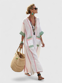Relaxed Striped Linen Maxi Dress with V-Neckline and Pockets