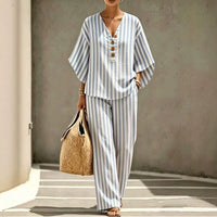 Relaxed Striped Linen Two Piece Set with V-Neckline and Wide Leg Trousers