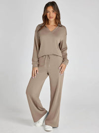 Relaxed Two Piece Set with Collared V-Neck Top and Wide Leg Trousers