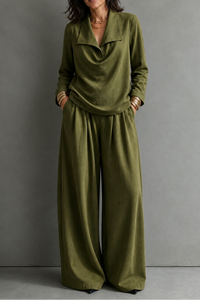 Relaxed Two Piece Set with Draped Neck Top and Wide Leg Trousers