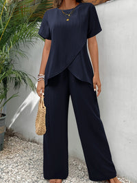 Relaxed Two Piece Set with Wrap Front Top and Wide Leg Trousers