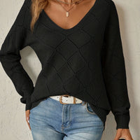 Relaxed V Neck Knit Sweater with Diamond Pointelle Pattern