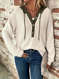 Relaxed Waffle Knit Hoodie with Contrast Hood and Button Placket
