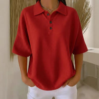 Relaxed Waffle Knit Polo Top with Collar and Button Placket