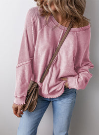 Relaxed Waffle Knit Sweatshirt with Lettuce Hem and Front Pocket