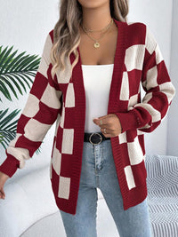 Retro Check Print Open Front Cardigan with Puff Sleeves