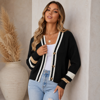 Retro Chunky Knit Cardigan with Contrast Stripe Cuffs