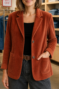 Retro Corduroy Blazer with Patch Pockets and Wide Lapels