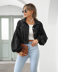 Retro Cropped Corduroy Jacket with Puff Sleeves and Chest Pockets