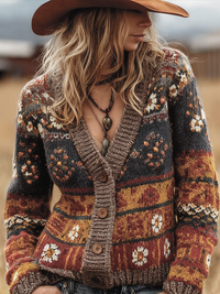 Retro Floral Knit Cardigan with Boho Pattern and V-Neckline
