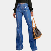 Retro High Waist Flared Jeans with Contrast Stitching and Button Fly