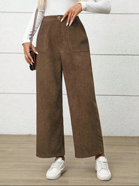 Retro High Waist Wide Leg Corduroy Trousers with Front Pockets