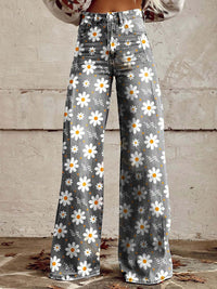 Retro Printed Wide Leg Jeans with High Waist and Full Length Flare