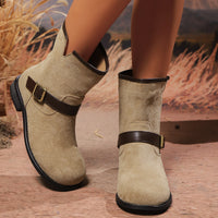 Retro Suede Ankle Boots with Brown Buckle Strap