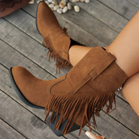 Retro Suede Cowboy Boots with Fringe and Fold-Over Strap