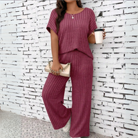 Ribbed Knit Two Piece Set with Short Sleeve Top and Wide Leg Trousers