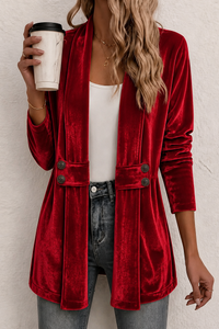Rich Velvet Blazer with Shawl Collar and Button Waist Detail